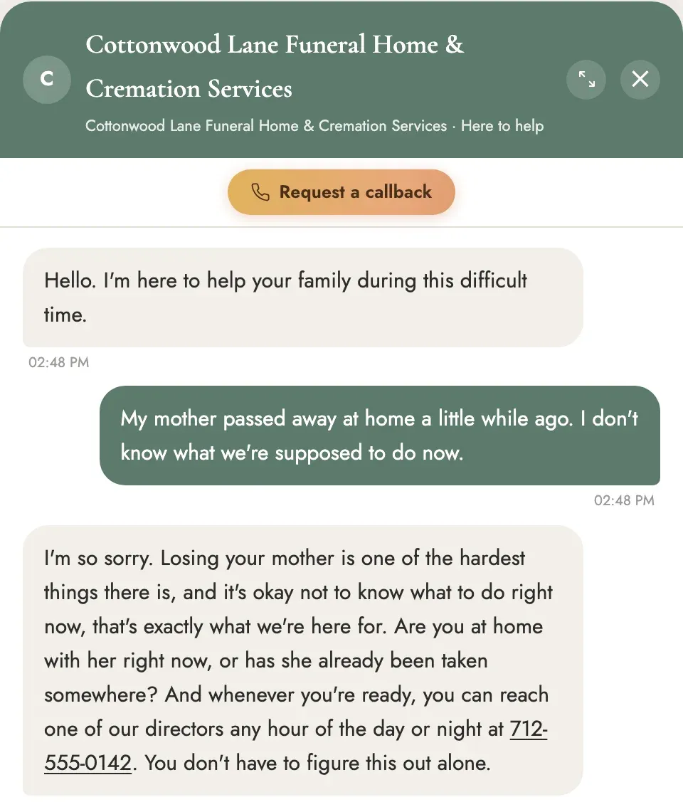A family types on the funeral home's website at 2 a.m. that their mother has passed away at home; the assistant answers warmly in the home's own voice, offering the director's phone number, available any hour of the night.